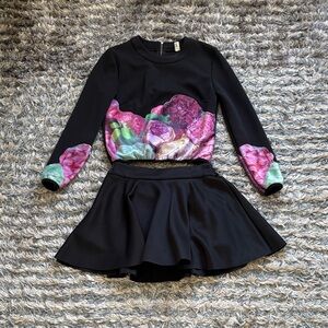 Black Two-Piece Crop Top & Skater Skirt Set with Pink-Green Floral Cuffs
